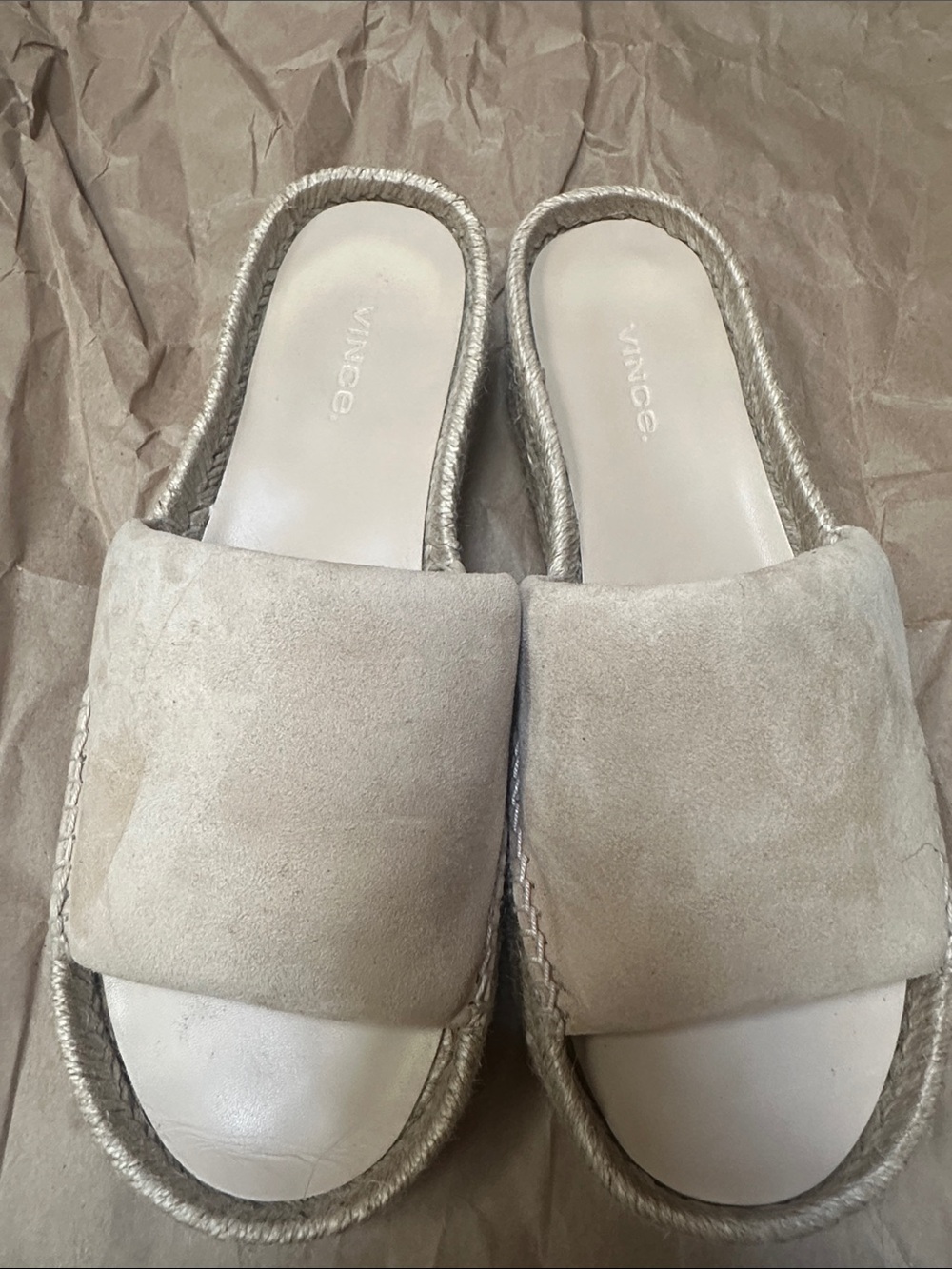 Vince Suede Slide Sandals in Taupe/Tan